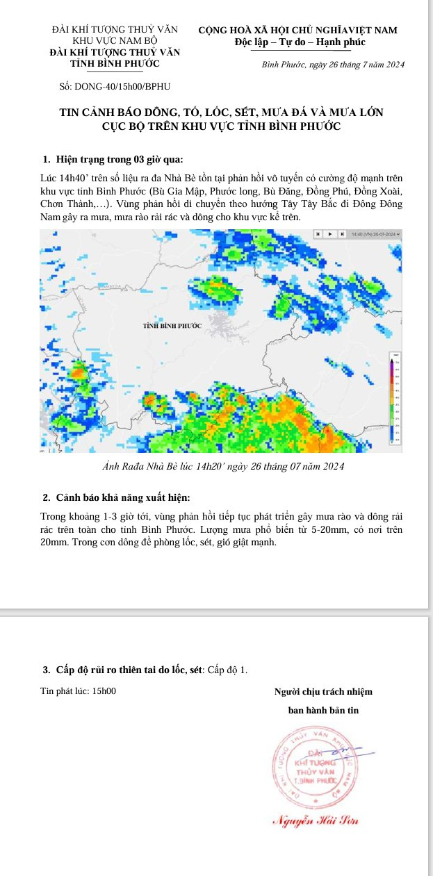 TIN CẢNH BÁO DÔNG, TỐ, LỐC, SÉT, MƯA ĐÁ VÀ MƯA LỚN CỤC BỘ TRÊN KHU VỰC TỈNH BÌNH PHƯỚC