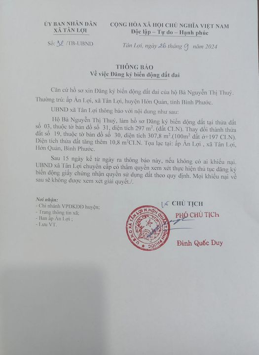 THÔNG BÁO VỀ VIỆC ĐĂNG KÝ BIẾN ĐỘNG ĐẤT ĐAI CỦA HỘ BÀ NGUYỄN THỊ THÚY. THƯỜNG TRÚ ẤP ẤN LỢI, XÃ TÂN LỢI, HUYỆN HỚN QUẢN, TỈNH BÌNH PHƯỚC